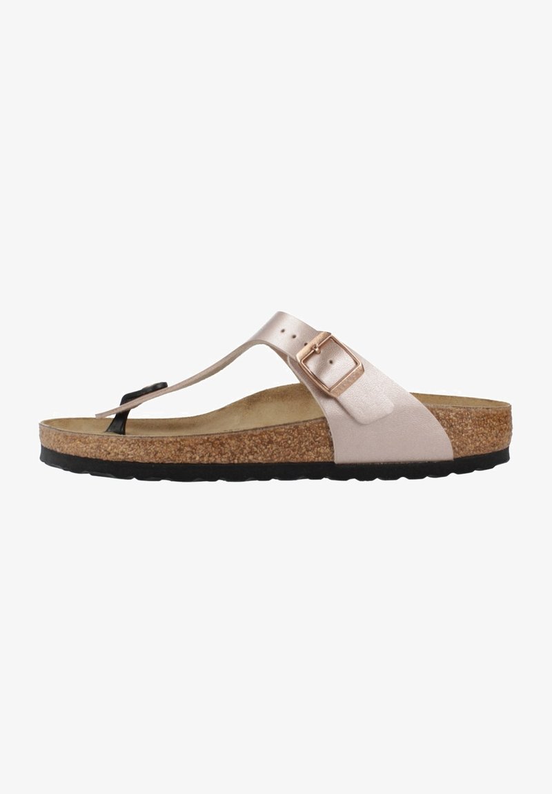 Pink leather thong sandal with cork footbed, black outsole, and metallic buckle accent on the strap. Flat design suitable for casual wear.