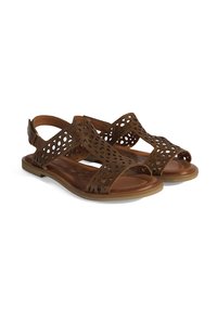 Braune Leder-Sandalen mit durchgehendem Design, offener Zehenpartie, verstellbarem Riemen hinten und einer flachen Gummisohle für Komfort und Atmungsaktivität.