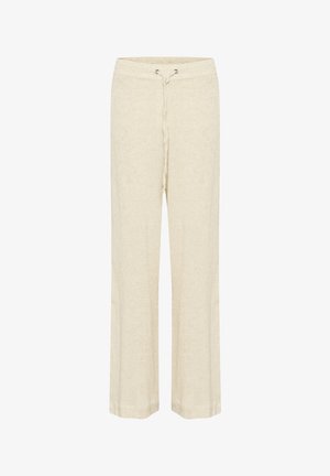 Beige linnedragter med snoreliv, lige ben og subtil tekstur. Har en afslappet pasform uden mønstre eller grafik.