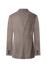 Blazer à carreaux marron avec des revers crantés, deux fentes avant et quatre boutons noirs sur chaque poignet. Tissu texturé avec un motif en damier.