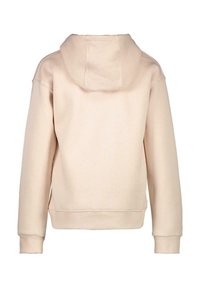 Beige hoodie met een snug fit, voorzien van een grote capuchon, geribbelde manchetten en zoom. Glad textuur, met zichtbare stiksels op de achterkant.