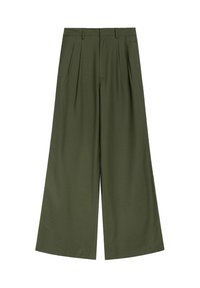 Zielone szerokie spodnie z zakładkami z przodu, gładką fakturą i elastycznym pasem z pętelkami na pasek, wykonane z lekkiego materiału.