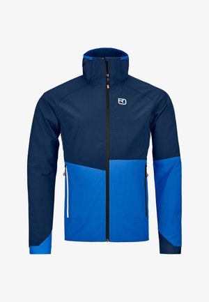 Men’s jacket featuring a navy and bright blue color scheme, designed with a zip front, two side pockets, and a high collar.