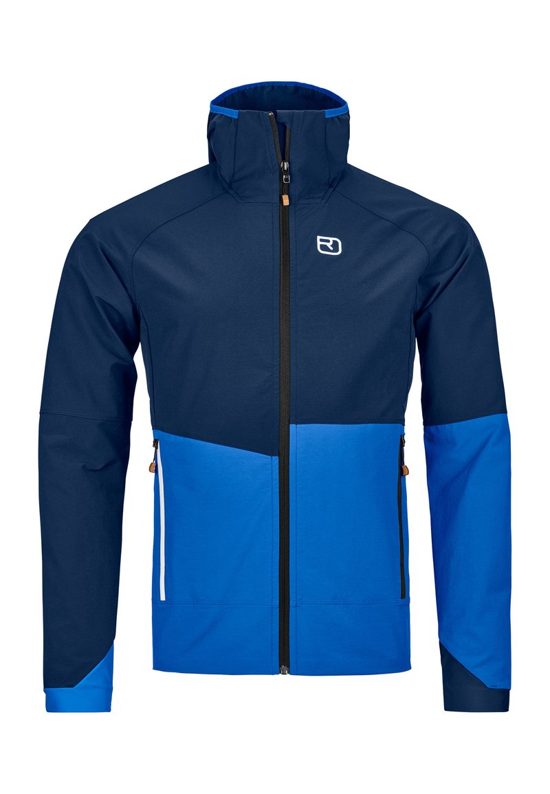 Men’s jacket featuring a navy and bright blue color scheme, designed with a zip front, two side pockets, and a high collar.