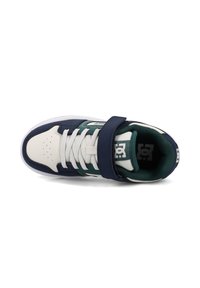 Sapatilhas DC em azul-marinho, branco e verde. Parte superior em couro com bico perfurado, atacadores e uma tira. Interior acolchoado e sola de borracha.