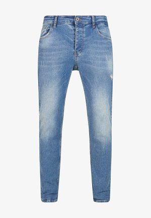 Világoskék farmernadrág, slim fit szabással, elhalványult foltokkal, finom kopással, öt zsebbel és fémből készült gombos zárással.