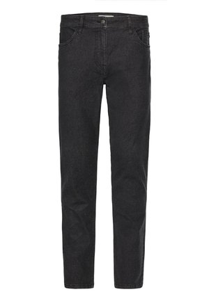 Black denim jeans with a straight-leg design, five pockets, a zip fly, and a button closure. Soft texture and minimal fading.