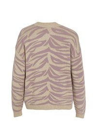 Beigā un lavandas krāsā abstrakts zebras raksts adīts džemperis ar garām piedurknēm un ribotām aprocēm un apakšmalu, skatīts no aizmugures.