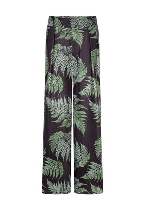Zwarte broek met wijde pijpen, groene varenbladprint en plooien bij de tailleband.