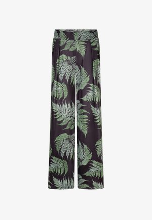 Zwarte broek met wijde pijpen, groene varenbladprint en plooien bij de tailleband.