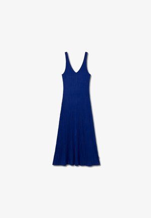 Blue sleeveless dress with a deep V-neck, featuring a textured ribbed design and an A-line silhouette that flows to the hem.