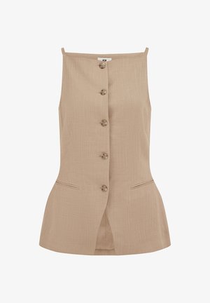 Béžová dámska vesta bez rukávov s piatimi prednými gombíkmi a dvoma malými vodorovnými vreckami pri páse.