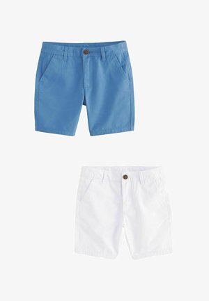 Two pairs of shorts: one light blue with a button and pockets, one white with a button and similar pocket design. Plain textures, casual style.