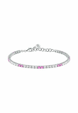 Bracciale in argento con cristalli rosa e trasparenti alternati, design delicato, texture liscia e chiusura a moschettone.