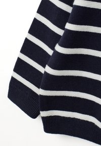 Marineblauer Pullover mit horizontalen weißen Streifen, aus Strickmaterial gefertigt, mit gerippten Bündchen und einer weichen Textur.