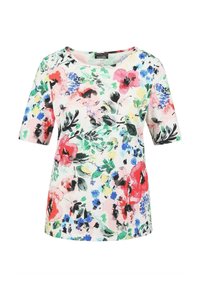 Blumenmuster Kurzarmhemd in Creme, mit mehrfarbigen Blumen in Pink, Blau und Grün, einem runden Halsausschnitt und einem lässigen Schnitt.