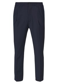 Marineblauwe broek gemaakt van gladde stof, met een rechte pijpdesign, voor plooien, knoopsluiting en een elastische tailleband voor comfort.