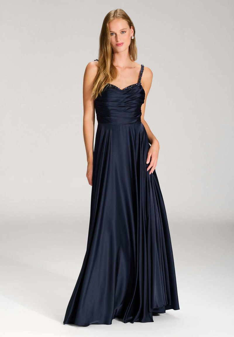 Marineblaue Abendrobe mit satinierter Oberfläche, leichter Raffung am Oberteil und verzierten Trägern. Fließende, knöchellange Silhouette mit glatter Textur.