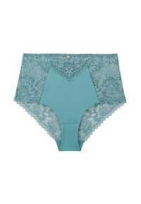 Culotte taille haute en teal avec un panneau en dentelle à l'avant et à l'arrière, possédant un bord festonné et un petit bouton décoratif.
