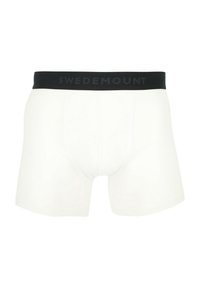 White men's boxer briefs with a black waistband featuring the brand name "Swedemount" in dark letters.
