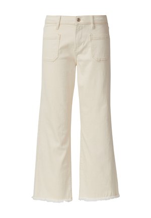 Jean large couleur crème en denim. Il présente un design standard à cinq poches et un ourlet brut en bas avec un léger effet effiloché.