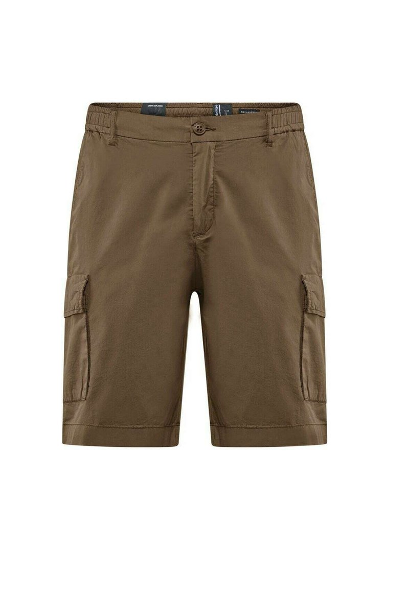 Pantaloni cargo marroni realizzati in tessuto leggero, con chiusura a bottone, due tasche laterali e un fit rilassato.
