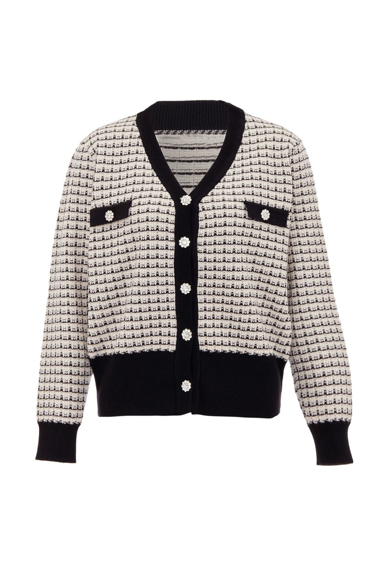 Černobílý pletený cardigan s výstřihem do V, předními kapsami, knoflíky podobnými perle a texturovaným vzorem na horní polovině.