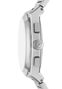 Edelstahl-Uhr mit einem glatten weißen Zifferblatt, strukturiertem Krone und zwei Druckknöpfen; zeichnet sich durch ein schlankes, gerundetes Gehäuse und metallische Oberfläche aus.