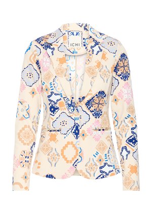 Blazer su misura da donna con rever, caratterizzato da un motivo geometrico e floreale colorato in tonalità di blu, beige, rosa e bianco.