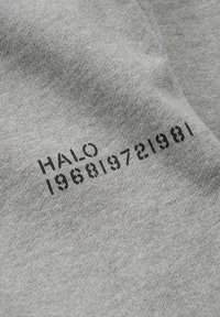Grau stoff mit einem gedruckten Textdesign, das "HALO" und die Zahlen "196819721981" in fetter schwarzer Schrift zeigt. Glatte Textur.
