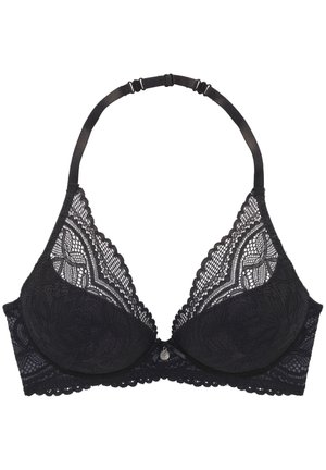 Schwarzer Spitzen-Push-up-BH mit gewelltem Rand, floralem Muster auf den Cups, verstellbaren Trägern und einem kleinen dekorativen Mittelanhänger.