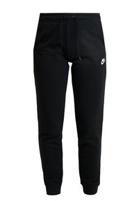 Black Nike sweatpants made of cotton blend, featuring an elastic waistband with drawstrings, ribbed cuffs, and a white logo on the left thigh.