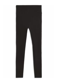 Czarne legginsy wykonane z elastycznego materiału o gładkiej fakturze, z szerokim pasem w talii i pełnym krojem. Bez wzorów ani zdobień.