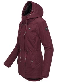 Burgundy hooded jacket with cinched waist, two front pockets, drawstring accents, and a black inner lining. Water-resistant material.