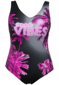 Costume intero con sfondo nero e grafica di palme rosa vivaci, accompagnato dal testo "Summer Vibes" in caratteri neon rosa.
