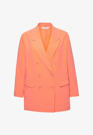 Dobbeltbrystet blazer i lys koral med klippet revers, to frontlommer og matchende knapper. Glat, letvægtsstof.