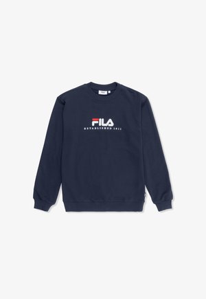 Marineblauwe FILA crewneck trui met rood-wit logo en de tekst "Established 1911" in het midden van de borst, met geribbelde manchetten en zoom.