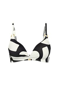 Black and white patterned bikini top with a triangular shape, adjustable straps, and a gold accent at the center for closure.