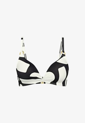 Czarny i biały wzorzysty stanik bikini w kształcie trójkąta, z regulowanymi ramiączkami oraz złotym akcentem w centrum do zapięcia.