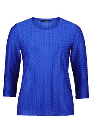 Blauw textuurtop met een ronde halslijn, driekwart mouwen en een geometrisch patroon. Gemaakt van rekbaar materiaal voor comfort.