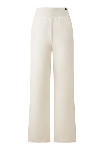 Wide-leg trousers in soft, cream-colored fabric with a high waistband, featuring clean lines and a smooth texture.
