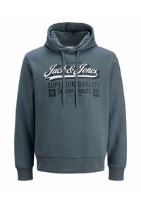 Dark gray hoodie made from fabric with a smooth texture. Features a front graphic print, adjustable drawstring hood, and ribbed cuffs.