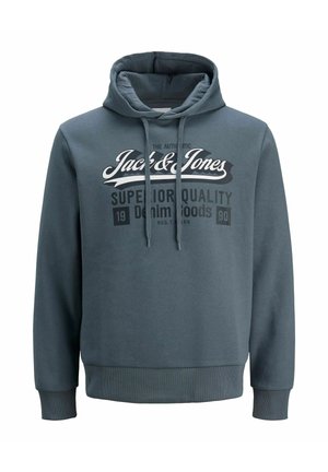 Dark gray hoodie made from fabric with a smooth texture. Features a front graphic print, adjustable drawstring hood, and ribbed cuffs.
