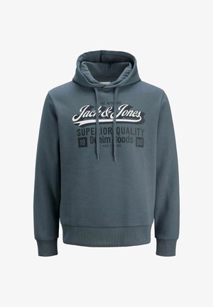 Dunkelgrauer Hoodie aus Stoff mit glatter Textur. Mit einem grafischen Druck auf der Vorderseite, verstellbarem Kordelzug für die Kapuze und gerippten Bündchen.