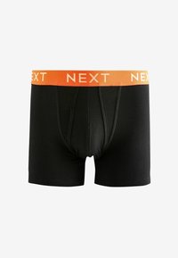 Črne bokserice z kontrastnim oranžnim elastičnim pasom, na katerem je v beli barvi natisnjeno ime blagovne znamke "NEXT". Gladka tkanina in prilegajoč dizajn.