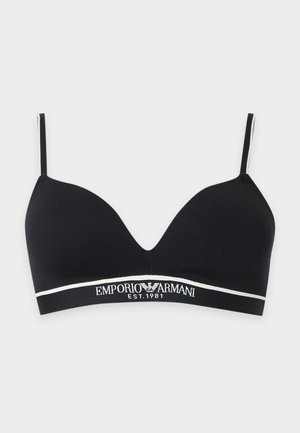 Must traatideta Emporio Armani rinnahoidja õhukeste reguleeritavate rihmadega ja alt bränditud elastse ribaga, millel on kiri "EMPORIO ARMANI EST. 1981."