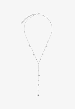 Collier en chaîne en argent au design délicat, avec des accents ronds régulièrement espacés et un pendentif en forme de Y au centre. Style minimaliste.