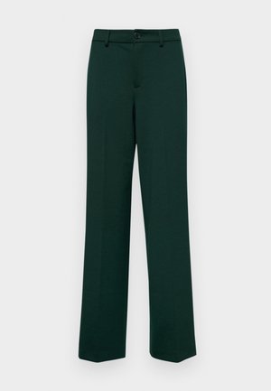 Dark green, straight-leg trousers with a button closure and belt loops. Smooth texture and minimal detailing. Tailored fit.
