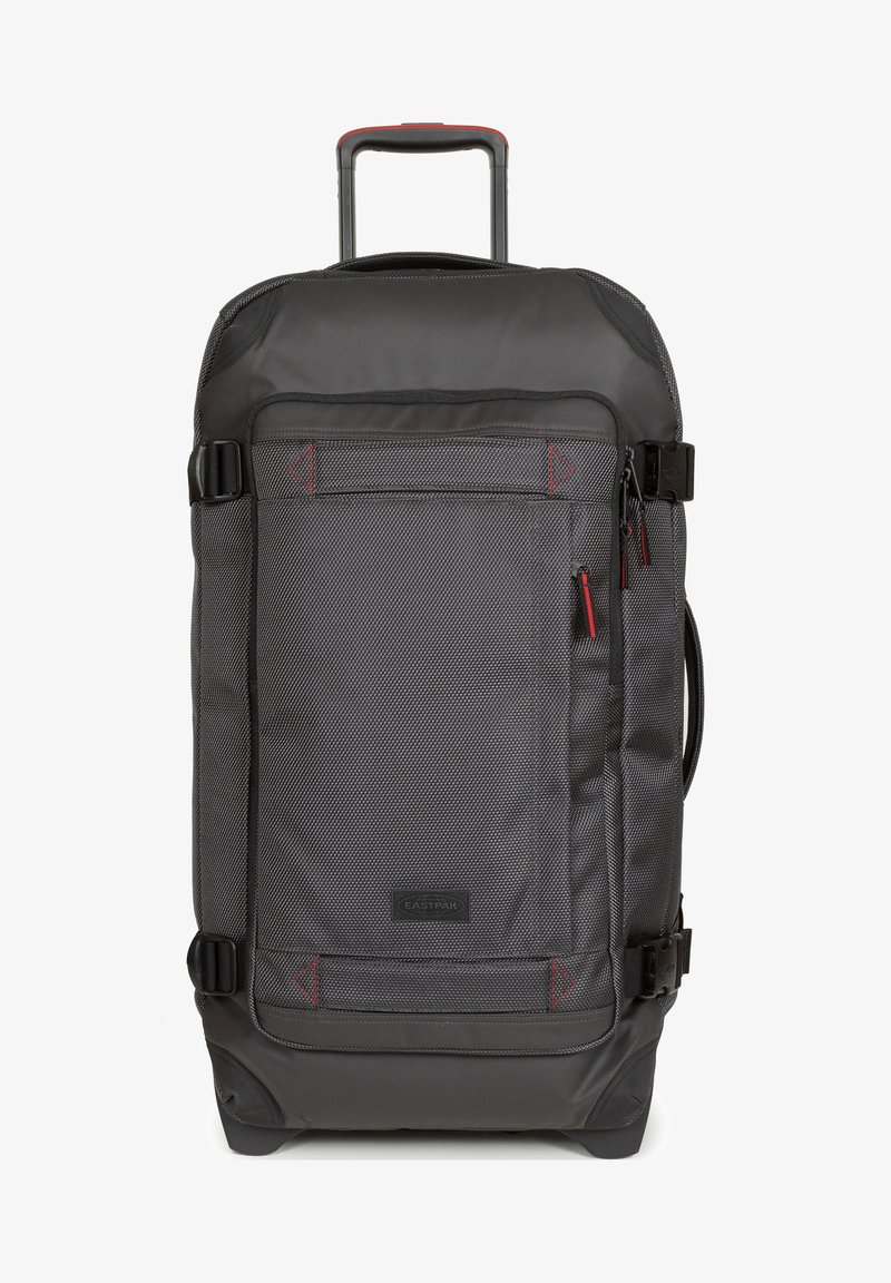 Wheeled Rucksack in schwarzem und grauem strukturiertem Stoff, ausgestattet mit einem ausziehbaren Griff, mehreren Reißverschlüssen und roten Akzenten. Kompaktes Design mit Seitentaschen.