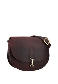 Dark brown leather crossbody bag with flap closure, brass buckle clasp, and adjustable shoulder strap.